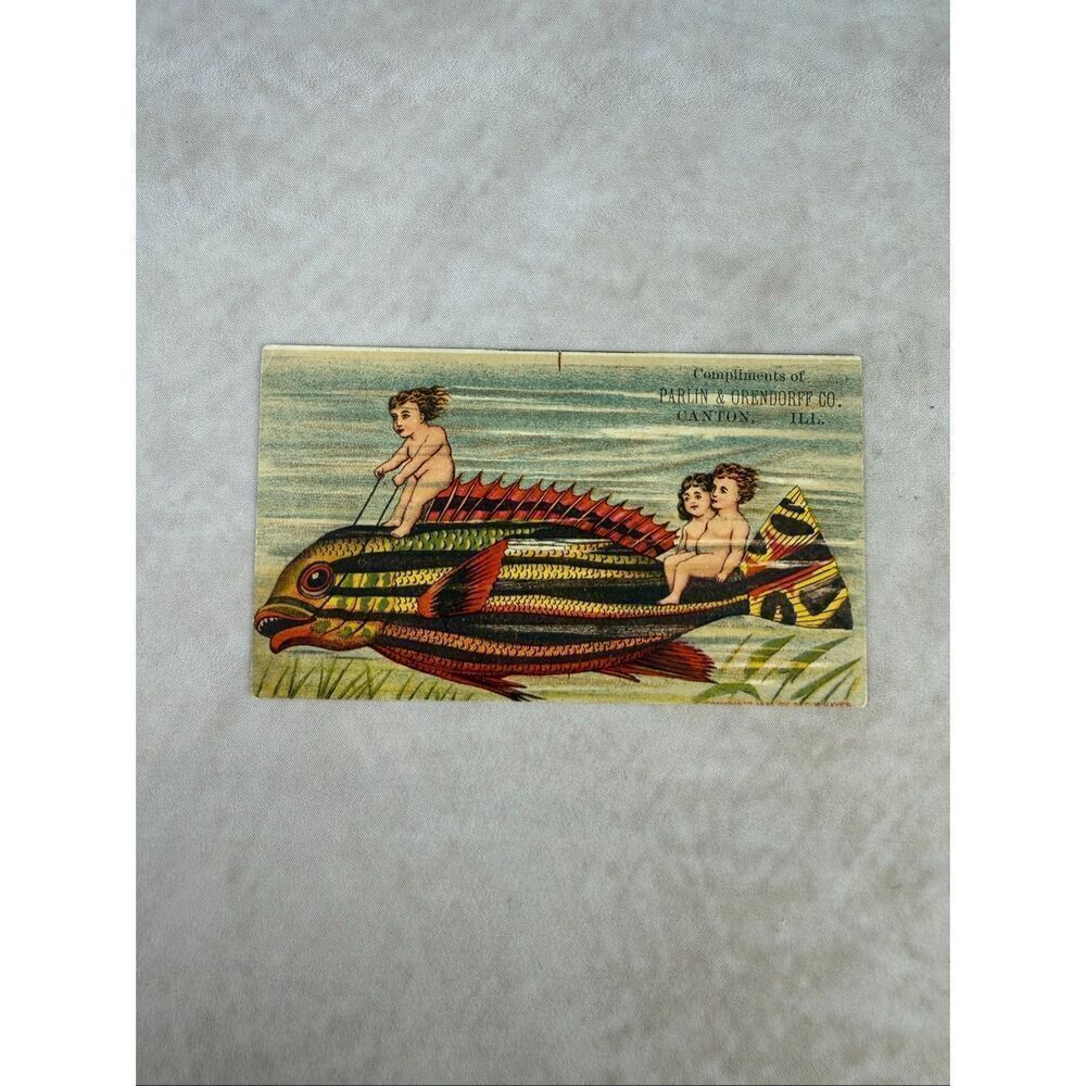 Victorian 1890s Parlin & Orendorff Trade Card Canton IL Cherubs Fish Advertising